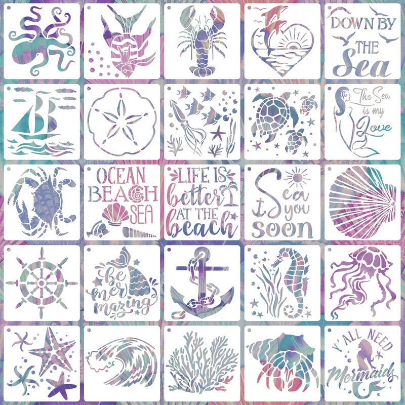 Resflyar 25 PCS Sea Ocean Creatures Stencils Reusable Sea Animal Templates for Painting, Mermaid Stencils for Scrapbooking Drawing Wood Wall Floor Furniture Rock Decor DIY Crafts Projects 5 x 5 Inch - Image 1